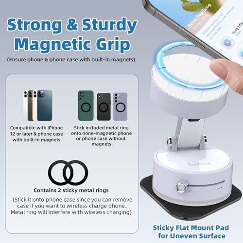 Vacuum Magnetic Phone Holder with Metal Ring Compatible with iPhone 17 16 15 14 All Phone, Portable Universal Collapsible Magnetic Phone Stand for Gym, Car Mount with Windshield Suction Cup - color: White