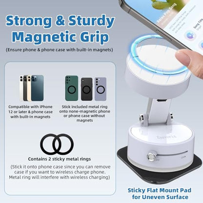 Vacuum Magnetic Phone Holder with Metal Ring Compatible with iPhone 17 16 15 14 All Phone, Portable Universal Collapsible Magnetic Phone Stand for Gym, Car Mount with Windshield Suction Cup - color: White