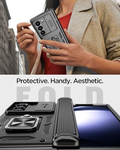 AICase for Samsung Galaxy Z Fold 6 Case [Heavy Duty Protective][Camera Lens Cover][Hinge Protection][360°Ring Magnetic Kickstand] Rugged Shockproof 360 Full Protective Phone Cover for ZFold 6 2024_5 - color: Black+Magnetic stand