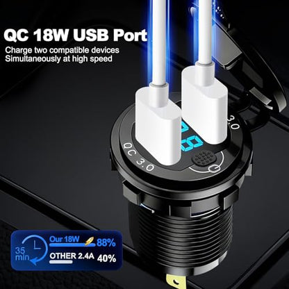 12V Flush Mount Car Charger, Aluminum Metal Body with LED Voltmeter and Switch, Dual QC3.0 USB Port for Marine, RV, Motorcycle & Panel Mounting (red) - color: red
