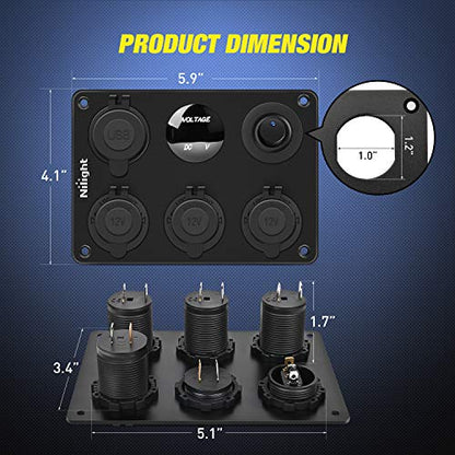 Nilight 6 in 1 Charger Socket Accessory Power Outlet Panel 12V 24VDC - color: Cigarette Socket Panel