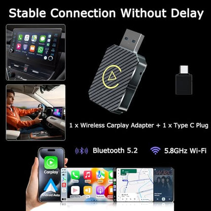 Wireless CarPlay Adapter 2026 Upgraded,CarPlay & Android Auto 2-in-1, Mini USB Design for Cars with Wired CarPlay,Fast Auto-Connect,Plug & Play,for iOS 10+, Android 11+ Version (Stripe)