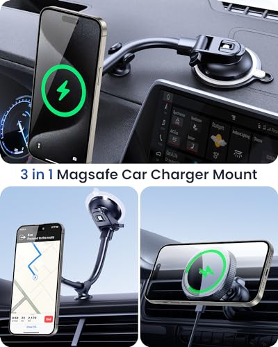 OQTIQ for MagSafe Car Mount Charger, Magnetic Wireless Car Charger Compatible with iPhone 17 16 15 14 13 12 Series, 15W Fast Charging Car Phone Mount for Windshield Dashboard Air Vent - color: Black - Standard Version