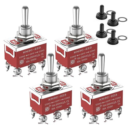 Joinfworld Momentary Toggle Switch 12V DC 3 Way 30 Amp DPDT 6 Pin (ON)-Off-(ON) Waterproof Marine Toggle Switch 12 Volt Heavy Duty with Boot Cover Cap for Automotive Boat Auto Air Train - 4Pack - style: (ON)-OFF-(ON)