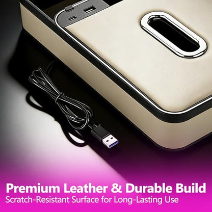 Car Armrest Storage Box with LED Ambient Light, USB/PD Fast Charging, Eco-Friendly Microfiber Leather Tissue Holder, Multifunction Center Console Organizer for Cars, SUVs, and Trucks (Beige)
