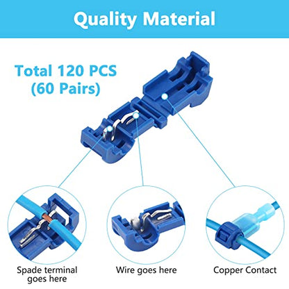 120 Pcs Quick Splice Wire Terminals, Male & Female Blue T-Tap Self-Stripping Quick Splice Connectors, Nylon Fully Insulated Quick Disconnects Kit 16-14 Gauge (60 Pairs)