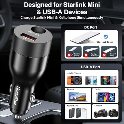 For Starlink Mini Car Adapter 12V-24V to 30V DC Step Up Converter, Dual Port(DC & USB A) Car Cigarette Lighter Adapter, Support Official 50M Cable for Starlink Mini Accessories for RV/Boat/Trailer