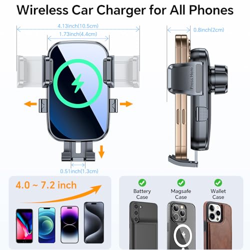 Coolpow Wireless Car Charger,15W Fast Charging for iPhone Wireless Charger【Military-Grade Stabilizing Arm Clamp】360° Adjustable Phone Holder Mount Car Phone Mount Charger for iPhone and Samsung Galaxy