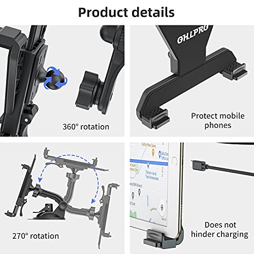 OHLPRO Dashboard Tablet Holder for Car, iPad Car Holder Suction Cup Mount Compatible with 7"-13" Tablets, Truck Windshield Vent with Flexible Arm Clip, Sturdy Adjustable Design, 360° Rotation, Black - size: Dash+Clip 7-13" Mount