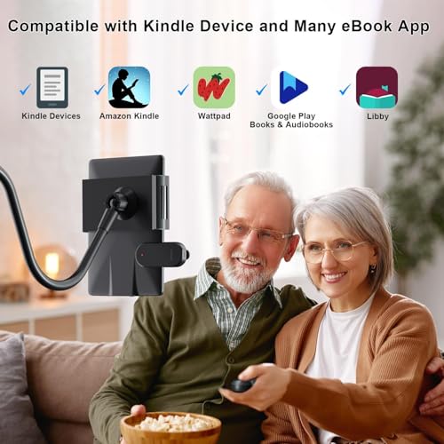 Kefotic Bedside Tablet Holder for Kindle Reading in Bed with Remote Page Turner, Hands Free Desk Gooseneck Stand for Kindle Accessories, Gifts for Readers
