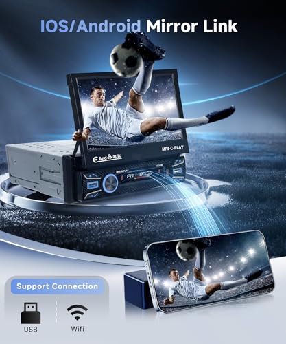 Single Din Car Stereo Touch Screen Flip Out Wireless Carplay Android Auto, 7 Inch Car Radio 1 Din with Bluetooth 5.1 FM Radio Mirror Link EQ/TF/USB/AUX Rear View Camera Steering Wheel Control - style: Electric Retractable Screen with Carplay