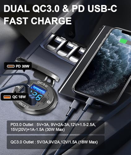 78W Triple-Port 12V USB Outlet with Voltmeter & Switch - PD3.0 & Dual QC3.0 Quick Charge Car Charger Socket, Aluminum Alloy Waterproof USB C Port for Car Boat Marine Motorcycle RV Truck ATV Golf Cart