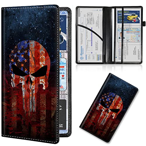 Car Registration and Insurance Card Holder, Premium Leather Vehicle Wallet Cover for Glove Box Car Organizer Drivers License/Cards/ID - Essentials Document Holder, Death Skull American Flag - color: Death Skull American Flag