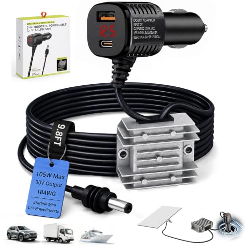 Starlink Mini Car Adapter,105W Boost 3-in-1 Starlink Mini Car Charger-9.8FT
