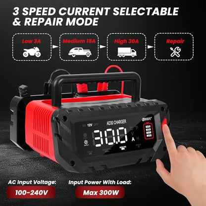 30 Amp 6V/12V/24V Smart Trickle Charger, Car Battery Charger, Lithium, Lifepo4, Lead Acid (AGM/Gel/SLA) Automatic Battery Maintainer, Battery Desulfator for Boat, Motorcycle, Lawn Mowers - size: 6V/12V/24V
