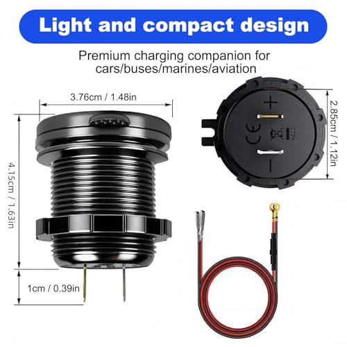 12V Flush Mount Car Charger, Aluminum Metal Body with LED Voltmeter and Switch, Dual QC3.0 USB Port for Marine, RV, Motorcycle & Panel Mounting (red) - color: red
