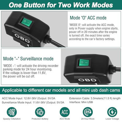 MEIRIYFA OBD OBD2 Power Cable for Dash Camera OBD to Mini USB Right Angle Hardwire Charger 90° Degree Wire Cord,12V-24V to 5V 3A 24 Hours Surveillance/Acc Mode with Switch Button (Mini USB) - style: Mini USB