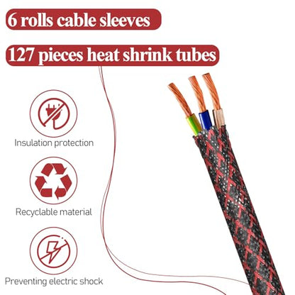 6 Roll 96ft Wire Loom Braided Cable Sleeve with 127 Pcs Tube Heat Shrinkable, Cord Covers for Pets, PET Expandable Cord Organizer for Audio Video Cable Cord USB Cable