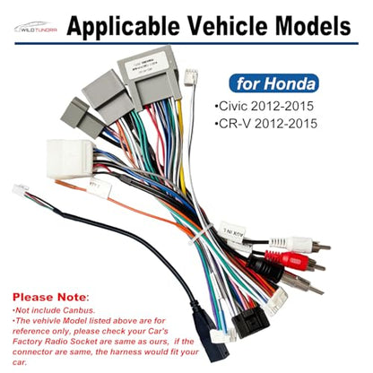 16Pin Aftermarket Android Car Radio Harness Adapter for Honda Civic 2012-2015 CR-V 2012-2015, 16Pin Android Car Stereo Wiring Harness with SWC Radio Antenna Adapter for Honda Civic CR-V