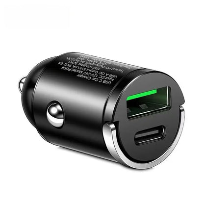 66W Car Fast Charger Dual USB-A USB-C Mini Metal Ring Design Stable Power Protection for Smartphones GPS Tachographs, Black