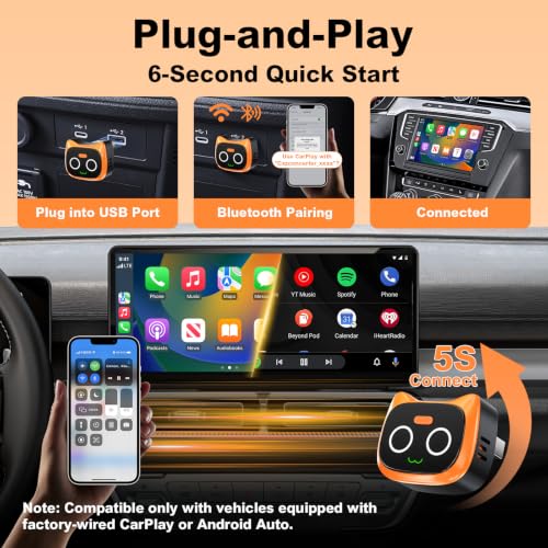 2 in 1 Wireless CarPlay and Android Auto Adapter, Easy Setup Plug and Play, Fast Seamless Use Supports 1000+ Cars with Built-in Wired Car Play/Android Auto Compact Design Car Adapter - color: Orange