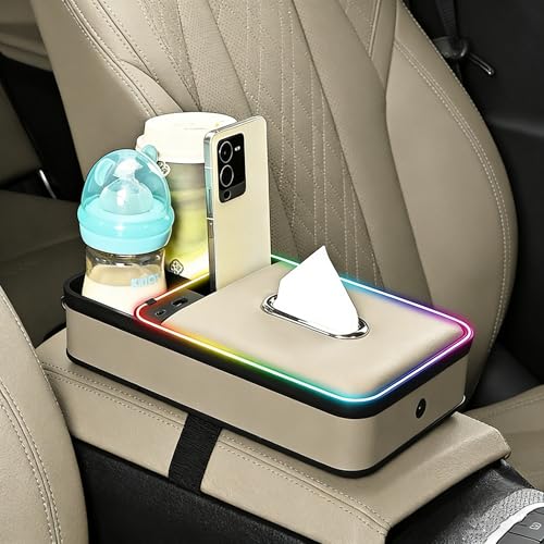 Car Armrest Storage Box with LED Ambient Light, USB/PD Fast Charging, Eco-Friendly Microfiber Leather Tissue Holder, Multifunction Center Console Organizer for Cars, SUVs, and Trucks (Beige)