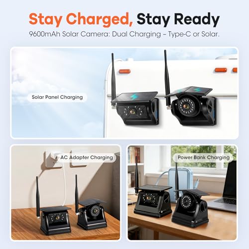 2 Solar Magnetic Wireless Trailer Camera System, 7" IPS DVR Screen + Solar Powered Night Vision Rear Camera, 100% No Wiring Waterproof Backup Camera System for RV Truck Trailer Hitch, BS2 - size: 7" 2-Cam