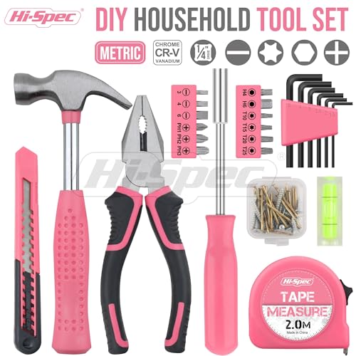 Hi-Spec Tool Set 25pc Pink Household DIY Tool Kit for Women. Small Mini Tool Box Set of Starter Basic Ladies Tools | 25pc, Household quick repair and maintenance, starter tool kit, mini tool set, ladies portable toolbox, DIY Gift - color: Pale Pink