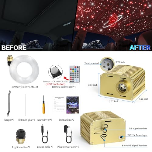 Twinkle Car Starlight Headliner Kit, RGBW 16W 200pcs*0.03in*9.8ft Fiber Optic Star Roof Lights with APP& Remote Controlled, Sound Activated Ceiling Star Lights for Home/Car Decor - size: Standard+200pcs*0.03in*9.8ft