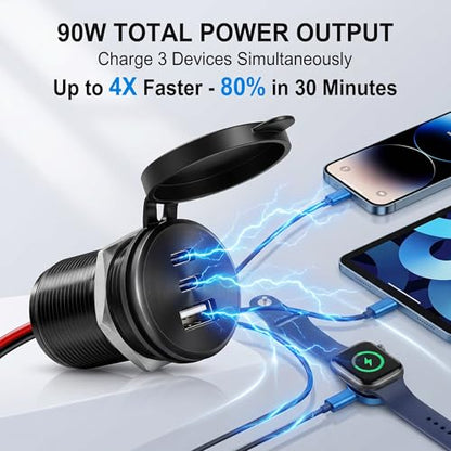 4PCS Aluminum Alloy 12V/24V RV USB Outlet 90W 3 Ports Recessed Mount - color: Deep Black, size: 4P