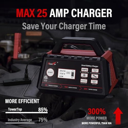 TowerTop 2/10/25 Amp 12V Smart Car Battery Charger, Fully Automatic Battery Maintainer with Engine Start, Auto Desulfator, Battery Repair, Winter Mode, for AGM, STD, Gel, Deep Cycle Batteries - color: 25A