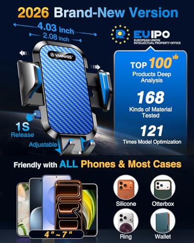 VANMASS Phone Holders for Your Car Ultimate Military-Grade Car Phone Holder Mount【Patent & Safety Certs】 Upgraded Shockproof Truck Air Vent Phone Mount for iPhone 17 Pro Max 16 Samsung Android,Blue - color: Blue