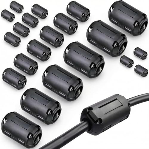 Clip-on Ferrite Ring Core Choke - Noise Ferrite Beads Clip 22pcs EMI RFI Suppressor for USB, Audio, Smart Devices – Snap-On Signal Filter 3.5mm 5mm 7mm 9mm for Interference Reduction