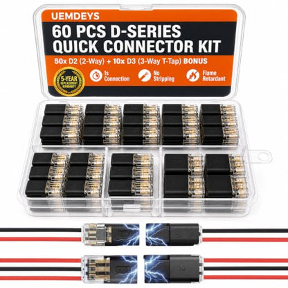 60Pcs Quick Connect Wire Connectors Kit, 50x 2-Pin & 10x 3-Pin Double Wire Plug in Connectors with Locking Buckle, Wire Connectors Push-in for LED Strip Lights, Automotive (Storage Box)