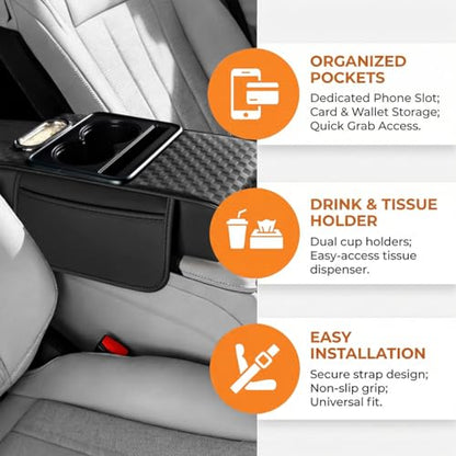 Car Center Console Armrest Pillow, 5-in-1 Armrest Box Cover with Cup Phone Holder & Storage Pocket Tissue Box, Multifunctional Auto Middle Console Arm Rest Protector, Universal Fit (Black) - color: Black