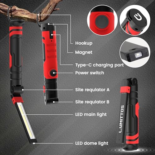 Rechargeable Work Light 2500mAh Magnetic LED Work Light Flashlight Mechanic Light Tool for Men Him, Foldable Lamp with Hook for Car Repair Emergency BBQ Grill (2 Pack) - style: 600 Lumens + 600 Lumens