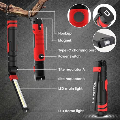 Rechargeable Work Light 2500mAh Magnetic LED Work Light Flashlight Mechanic Light Tool for Men Him, Foldable Lamp with Hook for Car Repair Emergency BBQ Grill (2 Pack) - style: 600 Lumens + 600 Lumens