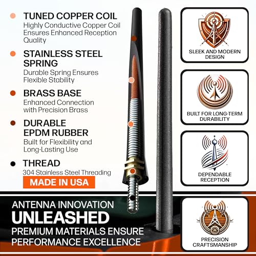 Short Antenna Replacement for Ford F-250 (2017-2027) USA Stainless Steel Threading, Car Wash Proof, Enhanced Reception 6 3/4 Inch Rubber Truck Antenna with Internal Copper Coil