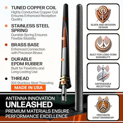Short Antenna Replacement for Ford F-250 (2017-2027) USA Stainless Steel Threading, Car Wash Proof, Enhanced Reception 6 3/4 Inch Rubber Truck Antenna with Internal Copper Coil
