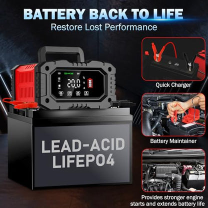 20-Amp Car Battery Charger, 12V/20A and 24V/10A LiFePO4,Lead-Acid(AGM/Gel/SLA) Automatic Smart Trickle Charger Maintainer,Desulfator, 300W Fast Charging for Automotive Truck Motorcycle Lawn Mower Boat