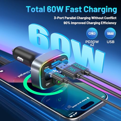 Bluetooth 5.4 Car Adapter 60W Charging USB Bluetooth Adapter for Car,Wireless Fm Transmitter Radio,Handsfree Calling and Audio Receiver,HiFi Music Player,7 Colors LED Backlit - color: Colorful-60W
