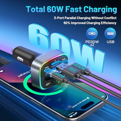 Bluetooth 5.4 Car Adapter 60W Charging USB Bluetooth Adapter for Car,Wireless Fm Transmitter Radio,Handsfree Calling and Audio Receiver,HiFi Music Player,7 Colors LED Backlit - color: Colorful-60W