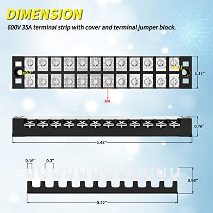 Joinfworld 35A Terminal Block 12 Position Screw Terminal Strip Dual Row with Cover and 12 Position Pre-Insulated Terminal Jumper Block - 2pcs - style: 35A 12P