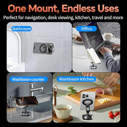 Compatible MagSafe Car Mount - GEATEE Vacuum Magnetic Phone Holder for Car, 360° Adjustable Foldable Car Dash Mount, Reinforced 110+LBS Suction Phone Mount for iPhone 17/16/15/14/13/12&Android, Carbon