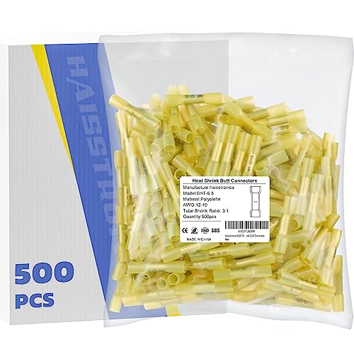 haisstronica 500PCS Yellow Heat Shrink Butt Connectors 12-10 AWG - size: AWG12-10 Yellow, style: 500pcs