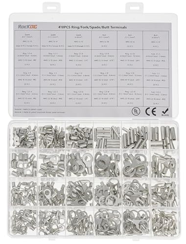 Electrical Wire Connectors, 410 PCS AWG 22-16 16-14 12-10 Gauge Non-Insulated Butt Spade Ring Terminal Lug Crimp Connectors Assortment Kit