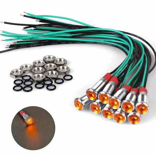 10Pcs 6mm (1/4") Energy Saving LED Indicator Light 110V-220V 20mA Metal Waterproof Wide Flat Head Signal Lamp Pilot Dash Directional with Wire （Yellow LED 10Pcs） - color: Yellow, size: 6mm / 110V-220V