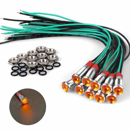 10Pcs 6mm (1/4") Energy Saving LED Indicator Light 110V-220V 20mA Metal Waterproof Wide Flat Head Signal Lamp Pilot Dash Directional with Wire （Yellow LED 10Pcs） - color: Yellow, size: 6mm / 110V-220V