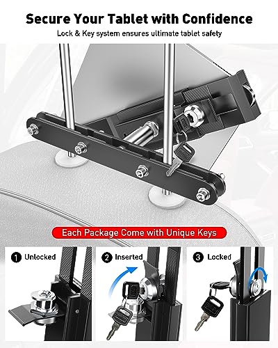 AboveTEK Tablet Holder for Car Headrest- Anti-Theft iPad Car Holder Back Seat, Secure Locking System with 360° Swivel, Universal for 4-11" Tablets, Durable Aluminum Mount for Travel & Business, Black - color: Black