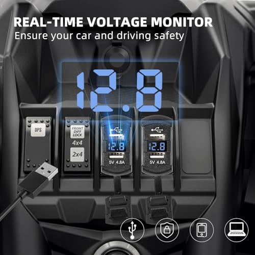 Anina Rocker Switch Style Dual USB Car Charger Port, 12V-24V Waterproof USB Socket with Blue LED Voltmeter, 4.8A USB Outlet Replacement for Marine Toggle Switch Panel on Boat Truck SUV RV UTV